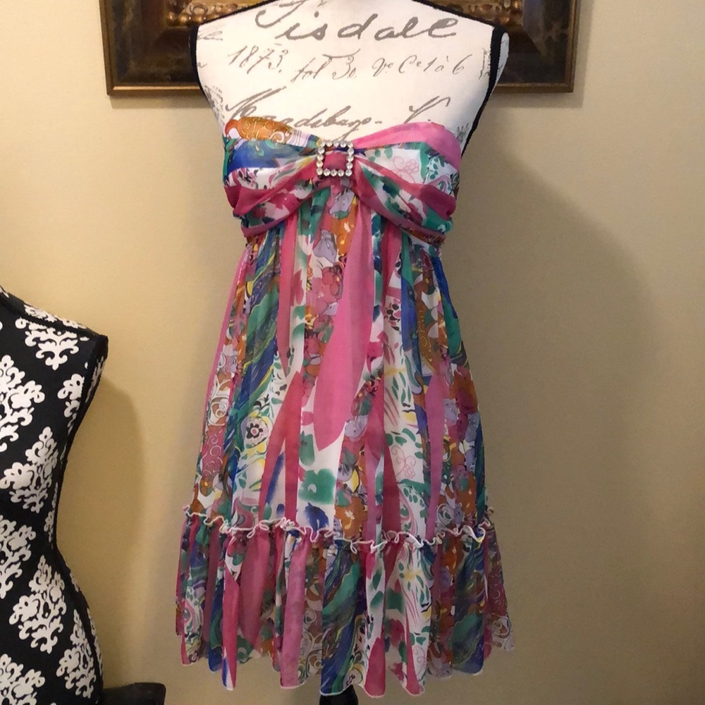 Moved Peppe Peluso Tropical colorful bandeau strapless +sash lined chiffon dress